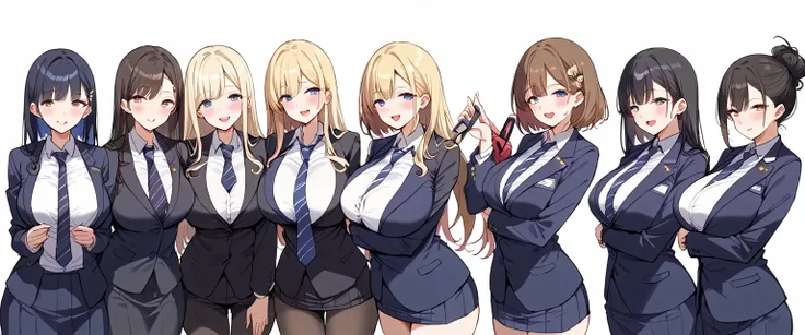 masterpiece, best quality, simple background, random hairstyle, large breasts,  6 girls, blazer, necktie,