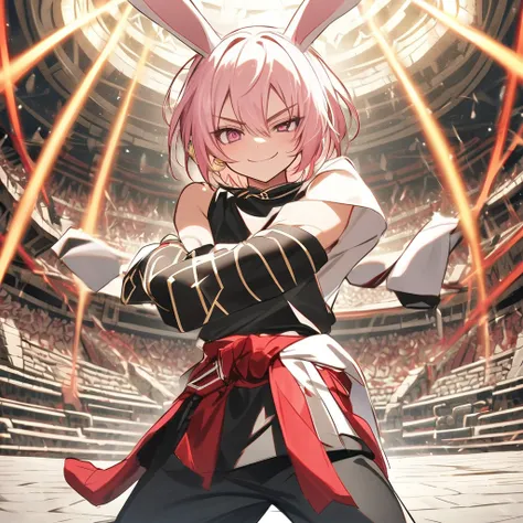 (well done: 1) humanoid white rabbit, gold earrings in the rabbit ears, dark pink left eye, light green right eye, black tank top, bands on the hands up to the forearms, black pants with a red belt on the waist, red sneakers with black details.  in a battl...