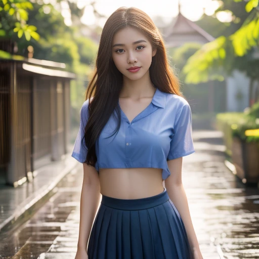 there is a woman with gigantic breast in a  standing In the rain, Wet shirt, see through, black underwear, pretty girl standing In the rain, หลังrainเปียกฝน, young woman wearing uniform, In the rain, Thai girl, rain award winning photo, school girl, หลังra...