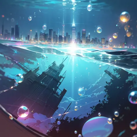 ((City)) (underwater) (floating bubbles) (night) ((light shining in)) (Fantastic) 