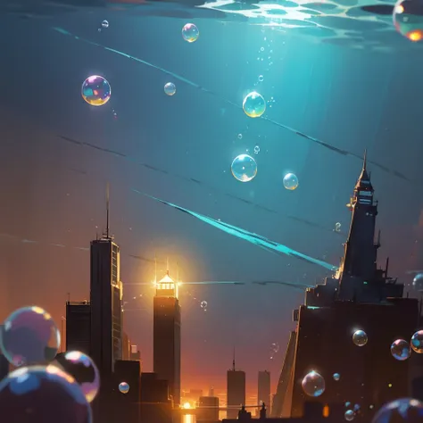 ((City)) (underwater) (floating bubbles) (night) ((light shining in)) (Fantastic) 