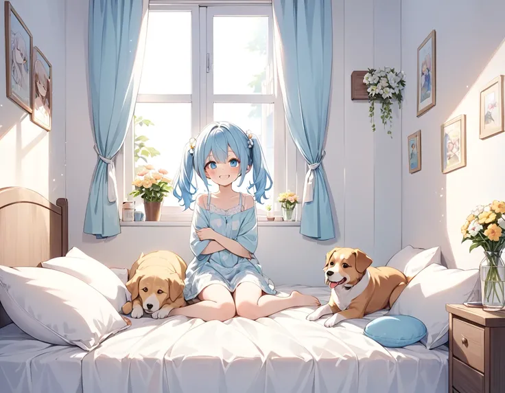 The room is decorated with many margaret flowers...、Margaret flowers on the windowsill、The morning sun is shining、Long light blue hair、beautiful girl with twin tails、Bright smile、Sitting on the bed hugging a big body pillow、My dog is watching over me besid...