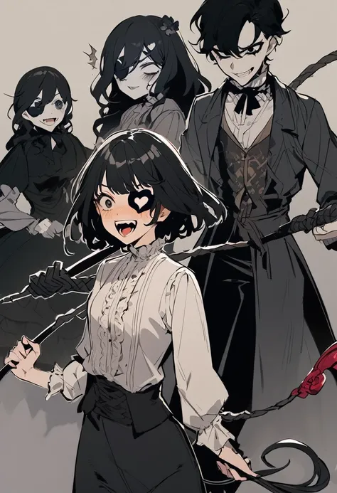 a girl with short black hair, and black eyes evil and crazy, with a heart eye patch, She is dressed in a Victorian-era shirt and dark pants. , and that your environment is dark and gloomy nature, laughing while holding a whip, His appearance is authoritari...