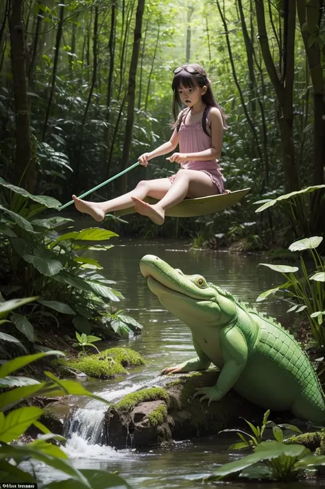 Create an image of fluttershay scared of a crocodile with a float on her arm in the forest 