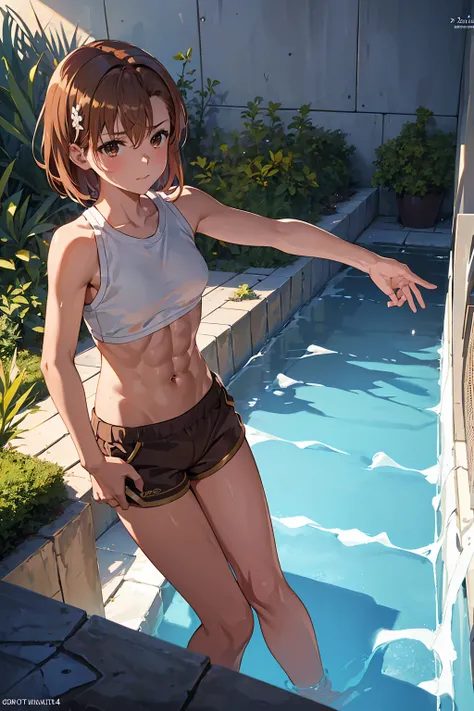 NSFW　(Highest quality:1.5, High resolution, uhd, 4K, Detailed lighting, Shaders),　,{{Misaka Mikoto}} ,solo 14 years old　Brown Hair, ((Brown eyes)),　short hair　Barrette　 ((Beautiful Abs))　{{topless}}++　Sweat in the navel　wet shorts ,　,Outdoor　　Cool look　　ga...