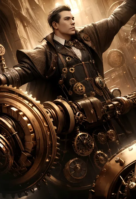 a heroic steampunk man, intricate brass clockwork gears, cogs, mechanisms, sepia tones, warm lighting, detailed texture, steampunk goggles, cog-like patterns, antique brass, golden accents, cinematic lighting, detailed machinery, brass and leather, mechani...