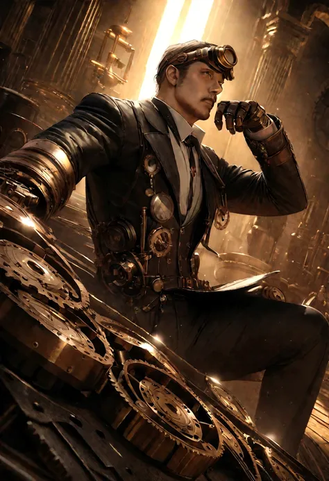 a heroic steampunk man, intricate brass clockwork gears, cogs, mechanisms, sepia tones, warm lighting, detailed texture, steampunk goggles, cog-like patterns, antique brass, golden accents, cinematic lighting, detailed machinery, brass and leather, mechani...