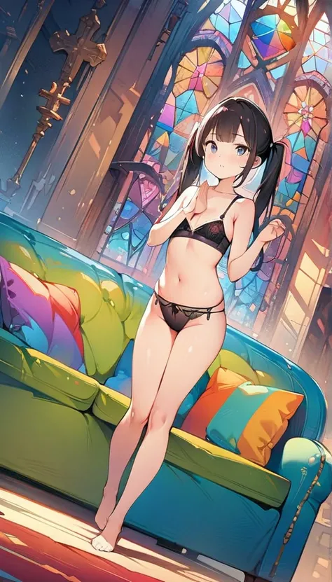 (masterpiece:1.8),(Highest quality:1.8),(Very detailed:1.8),(8k:1.8),(Ultra-fine Illustration:1.5),,,Straight low twintail,Flat Chest,Small Ass,(High-grade ,,lingerie:1.4),(Prayer Pose:1.5),Vintage sofa,,(Full body angle), Stained glass, Rainbow Gradient, ...