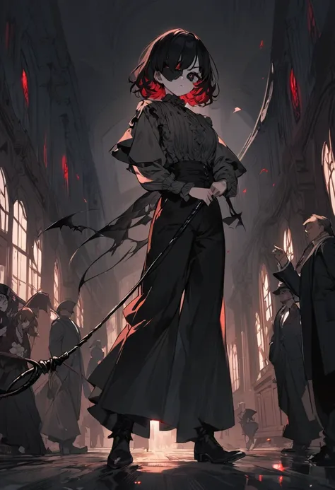 a girl with short black hair with red tips, and black eyes evil and crazy, with a heart eye patch, She is dressed in a Victorian-era shirt and dark pants. , and that your environment is dark and gloomy nature, with a serious look while holding a whip, His ...