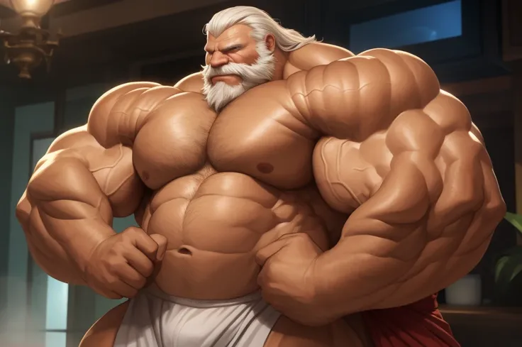 "Size comparison of 2 muscular boys and a realistic rendering of a detailed and lifelike old man in a CG, pectoral, thick arms, huge pectoral, wide pectoral, white hair, white beards,  masterpiece, semirealistic:1.2, high detailed, 8k, high resolution, per...