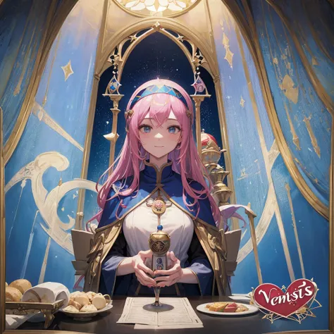 Tarot Cards（Female Pope(Salvator Mundi）のLast Supper（　canteen　Draw on canvas（Stained glass（Valentine　hologram　Blue light swirling）　Last Supper　　holy grail　Christ　smile）Anime Poster、oil）
