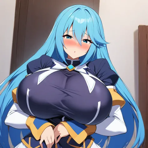 aqua(Konosuba)1girl,solo,Females in heat,blush,super huge breasts,slender,looking at viewer,near,bar 