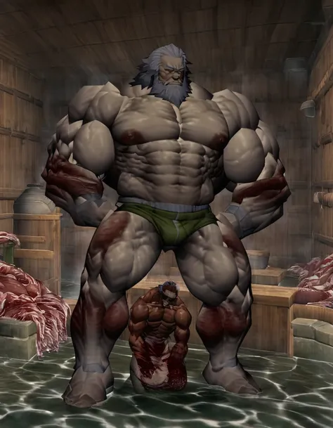 Full body shot of old giant sitting in sauna。Just as big，Big muscles。The bronzed old man in shorts has a particularly large body。Strong and powerful, well-developed, full of strength, with a lot of flesh on the skin。The whole body is getting bigger and str...