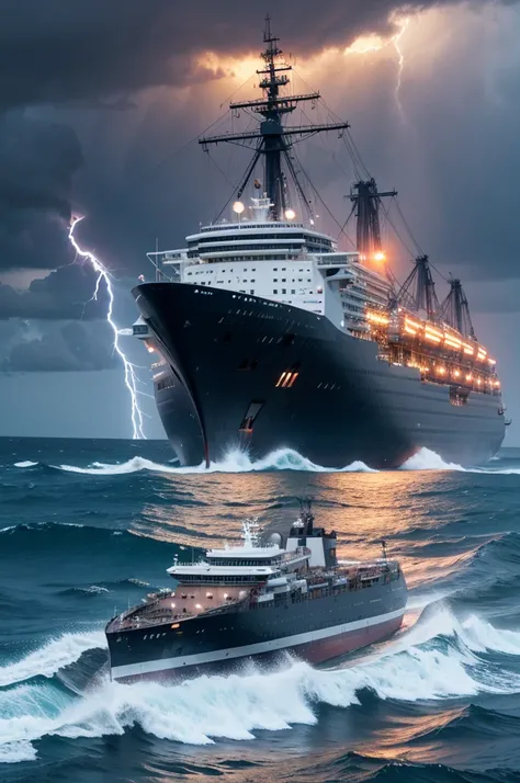 An ultra realistic three-dimensional 3D image of a giant technological ship with large letters written NZ Imports at sea on a rainy day with lightning at sunset.,with turbulent sea air