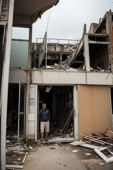 Closed of the destroyed store and the sad owner looking past it 