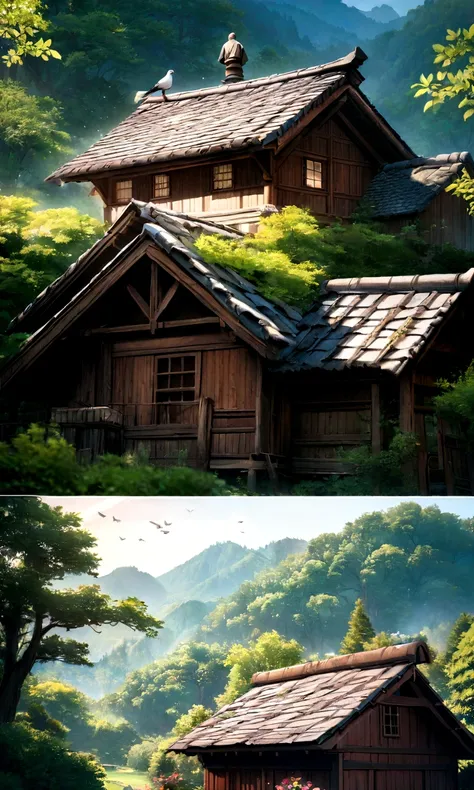 A pigeon is perched on the roof、Highest quality、8K、Detailed facial depiction、masterpiece、Highest quality、Crisp image quality、Photo of an old wooden house and the surrounding nature、A pigeon is perched on the roof