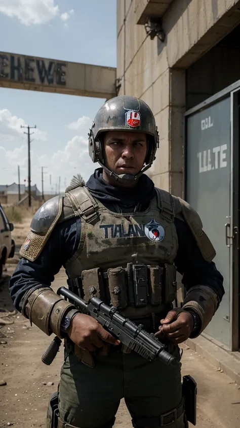 A Post Apocalyptic Guard that wears a full Tennessee Titans helmet and Shoulder pad set up. Have him be holding a machine gun 