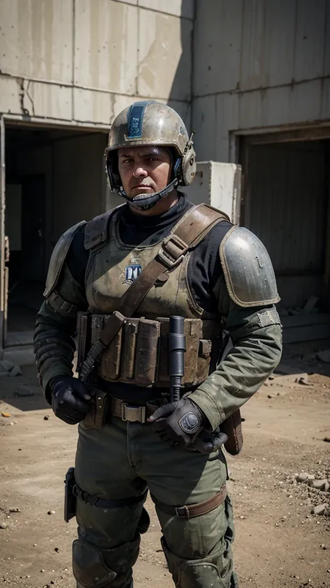 A Post Apocalyptic Guard that wears a full Tennessee Titans helmet and Shoulder pad set up. Have him be holding a machine gun 