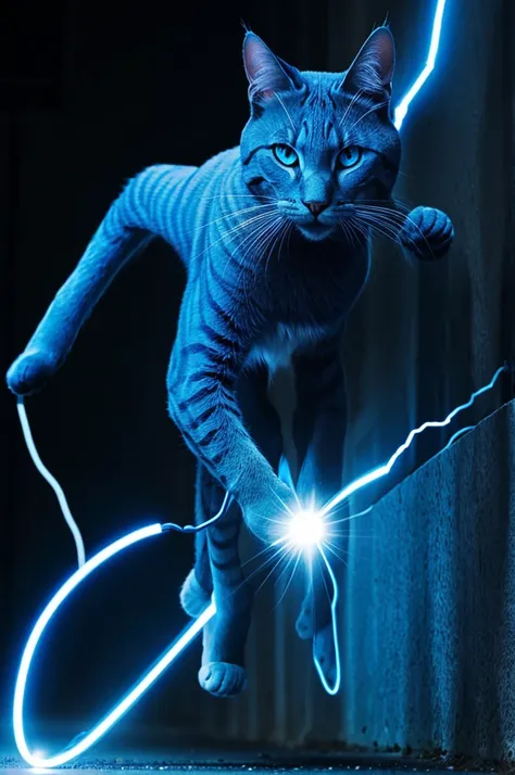 Blue cat eyes of person running with powers of electricity and speed 