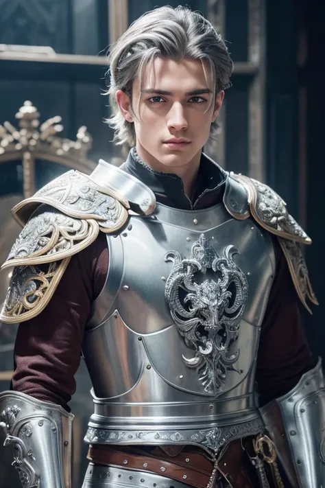 intricate detailed portrait of a handsome young european man with grey eyes and silver hair, 25-30 years old, wearing an intricately detailed ornate metal breastplate, holding an ornate mace, standing next to a massive silver dragon, dramatic lighting, cin...