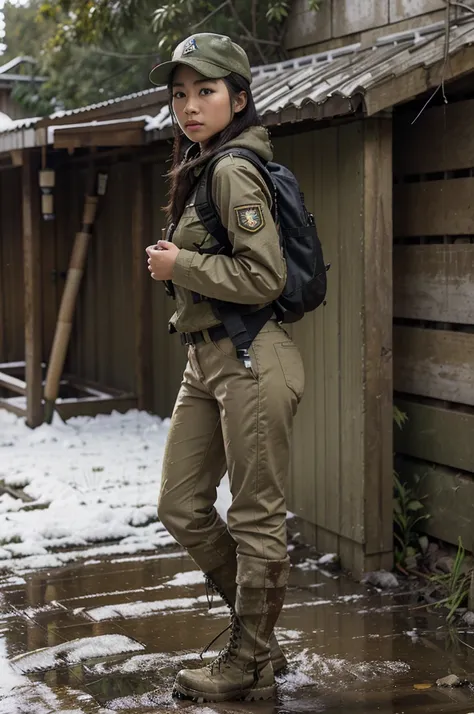 photorealistic、realistic skin texture、A beautiful Japanese woman belonging to the American military is in the jungle, alley、old brick building, on guard、carrying Backpack、wearing military uniform, tactical puffer jacket、baseball cap、holding automatic rifle...