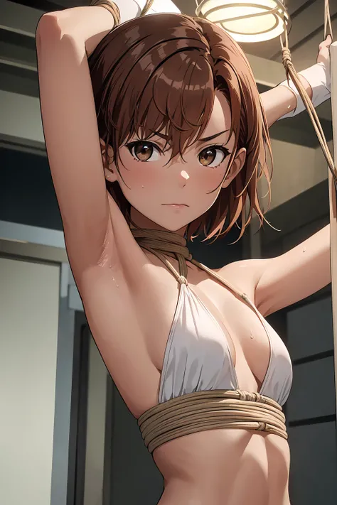 (Highest quality:1.5, High resolution, uhd, 4K, Detailed lighting, Shaders), NSFW Misaka Mikoto,　solo short hair　Brown Hair　Brown eyes　Cool face　　((BDSM, bondage, bound, shibari, restrained))++　White panties　topless　Get angry顔　Dark realistic dungeon　　Super...