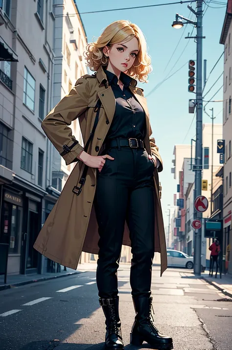 ((Full body photo, standing, on the ground)) curly hair，Squint，cool girl，Adult women，Long black trench coat，blonde,madame,Full body like,combat coat,belt,solo girl,boots,long pants,madame president,retro artstyle,flat color,best quality,character sheet,