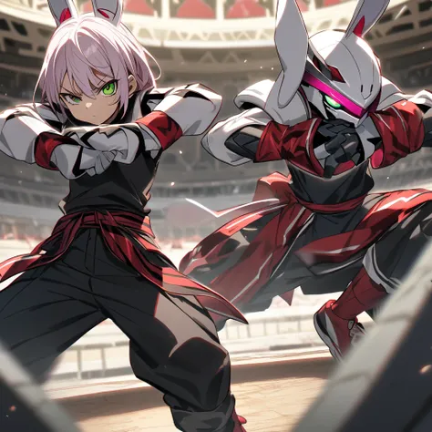 (well done: 1) humanoid white rabbit, dark pink left eye, green right eye, black tank top, bands on the hands up to the forearms, black pants with a red belt on the waist, red sneakers with black details.  in a battle pose in a coliseum.