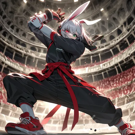 (well done: 1) humanoid white rabbit, dark pink left eye, green right eye, black tank top, bands on the hands up to the forearms, black pants with a red belt on the waist, red sneakers with black details.  in a battle pose in a coliseum.