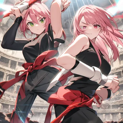 (well done: 1) humanoid white rabbit, dark pink left eye, green right eye, black tank top, bands on the hands up to the forearms, black pants with a red belt on the waist, red sneakers with black details.  in a battle pose in a coliseum.