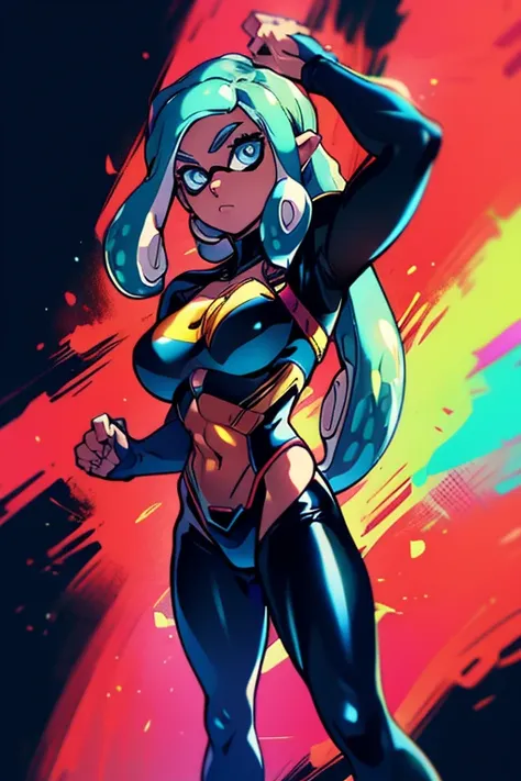 a female superhero with comic theme and an awesome superhero suit with onomatopeyas design