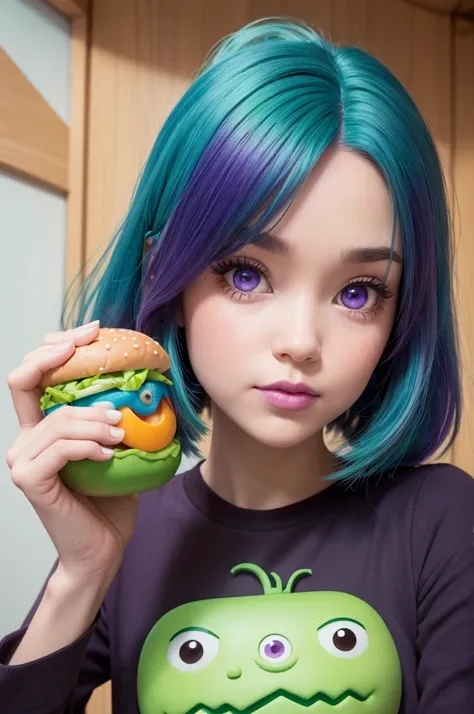 I want a pixar fun emotion doll with purple eyes and skin straight green hair with food in hand 