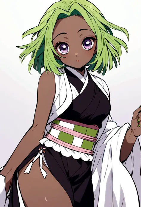 Chica estilo kimetsu no yaiba, green hair, purple eyes and brown skin