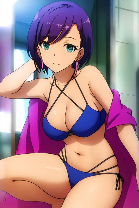 masterpiece, highest quality, High resolution,1 girl, alone,20s style,short_hair, green_eye, hair_between_eye, jewelry, purple_hair,beautiful face,beautiful body,swimsuit, earrings, sexy pose,looking at the viewer,in the center of the image,  (beautiful_me...