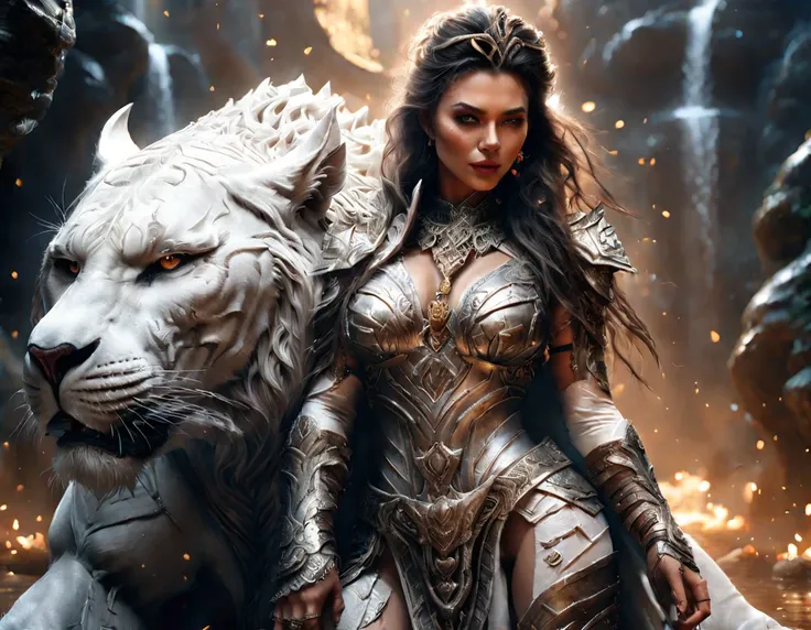 High details, best qualityer, 16K, cru, [ultra detaild], work of art, best qualityer, (extremely detaild), dynamic angle, ultra wide photo, cru, photorrealistic, Fantasyart,, rpg art, realist art, a wide-angle image of a human druid and her pet white tiger...