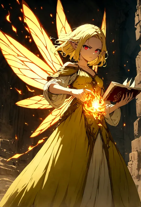 Fairy girl with wings and a book in hand, Classic Long Dress, Fairy Wings, Red eyes and Blonde Hair, Golden Hair, Serious face, Magic, arcane powers, RPG Character, pointy ears, look serious, casting a spell, casting a fire spell, fire, 4k, full hd