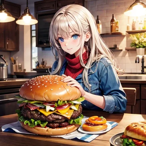 American woman making a giant hamburger