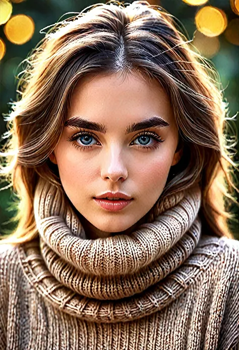 A girl wearing knitted clothes, beautiful detailed eyes, beautiful detailed lips, extremely detailed eyes and face, long eyelashes, intricate knit patterns, soft and cozy texture, warm and earthy color palette, natural lighting, photorealistic, highly deta...