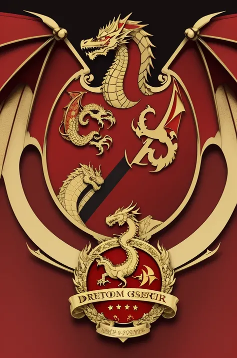 A red and gold crest with a dragon and the name Dragomir on the baner