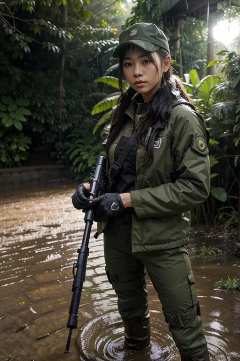 photorealistic、realistic skin texture、A beautiful Japanese woman belonging to the American military is in the jungle, rain forest, on guard、carrying Backpack、wearing military uniform, tactical puffer jacket、baseball cap、holding automatic rifle、bulletproof ...