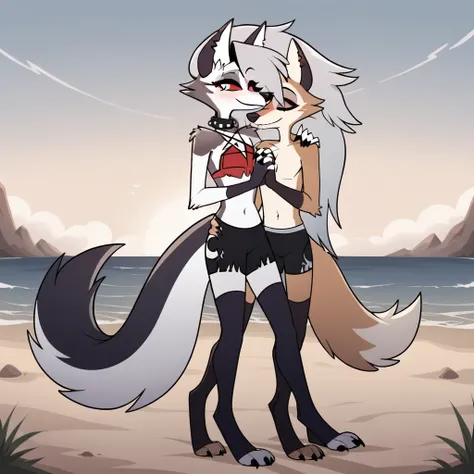 score_9, score_8_up, BREAK, source_anime, uncensored, perfect body, slim, thigh highs, fingerless gloves,
anthro, furry, pose, sexy,
Loona (Helluva Boss), NSFW, red swimsuit, bikini, head back, anthro male maned wolf with long spiked white hair and black f...