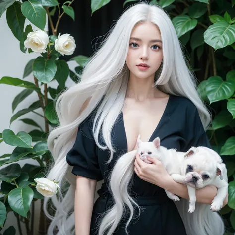 1 woman, White long curly hair，Natural and beautiful hair, clean and beautiful. White hair. Close lips. Blue natural eyes. Black clothes. Plantas. Bulldog frenchie pet, frenchie pet. 