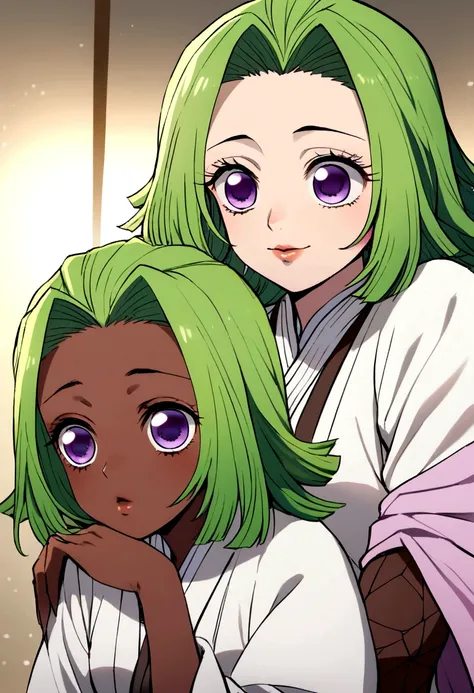 Chica estilo kimetsu no yaiba, green hair, purple eyes and brown skin