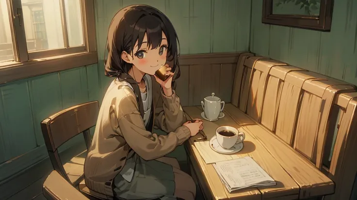 Stylish cafe、Anime Style、Freshly Brewed Coffee、Delicious looking baked goods、Relaxed atmosphere、Cozy atmosphere、Beautiful girl with dark hair sitting and drinking coffee、Wearing a beige cardigan、smile、Warm Light、avert your eyes、Ghibli style