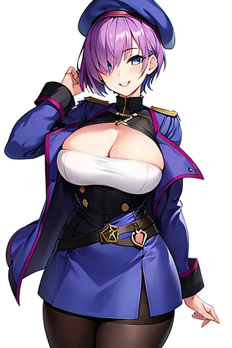 1girl, very short hair, purple hair, pixie cut, one eye covered, hair over one eye, jacket, blue eyes, beret, smile, skirt, large breasts, thick thighs, pantyhose, black pantyhose, mature female, milf, epaulettes