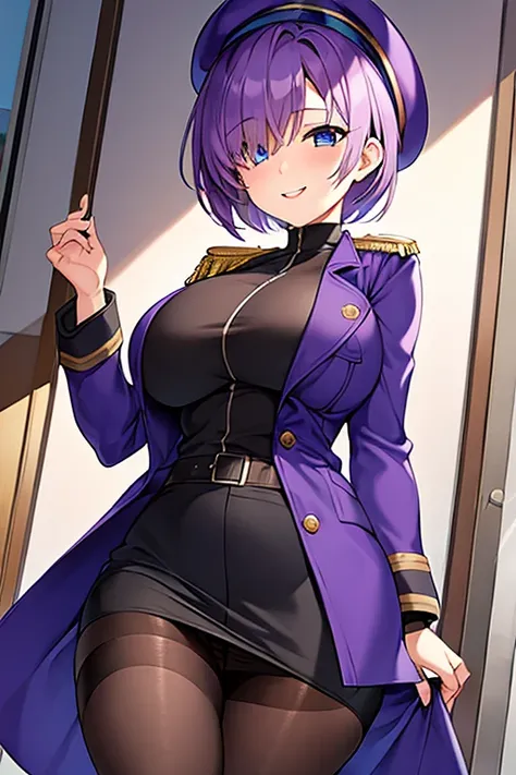 1girl, very short hair, purple hair, pixie cut, one eye covered, hair over one eye, jacket, blue eyes, beret, smile, skirt, large breasts, thick thighs, pantyhose, black pantyhose, mature female, milf, epaulettes