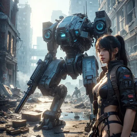 ((Best quality)), ((masterpiece)), (highly detailed:1.3), 3D,Shitu-mecha, beautiful cyberpunk women with her mecha in the ruins of city from a forgoten war, ancient technology,HDR (High Dynamic Range),Ray Tracing,NVIDIA RTX,Super-Resolution,Unreal 5,Subsur...