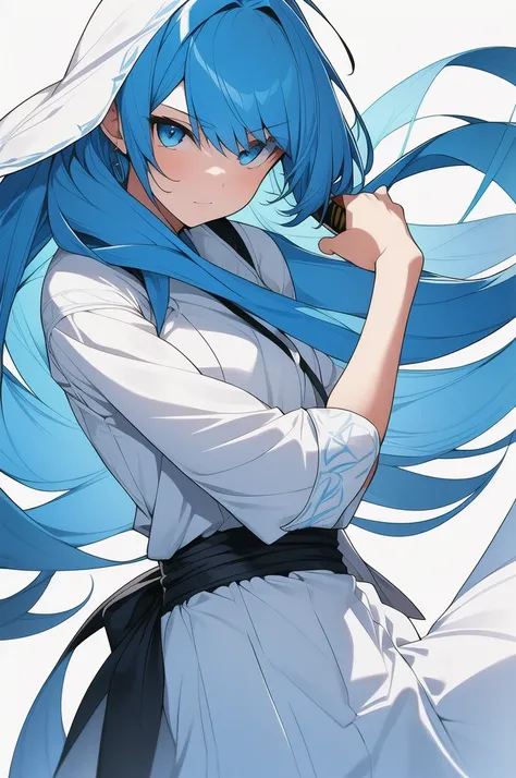 girl, long blue hair, blue eyes, white dress, with a katana