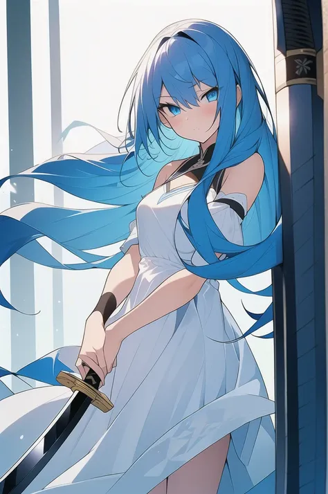 girl, long blue hair, blue eyes, white dress, with a katana