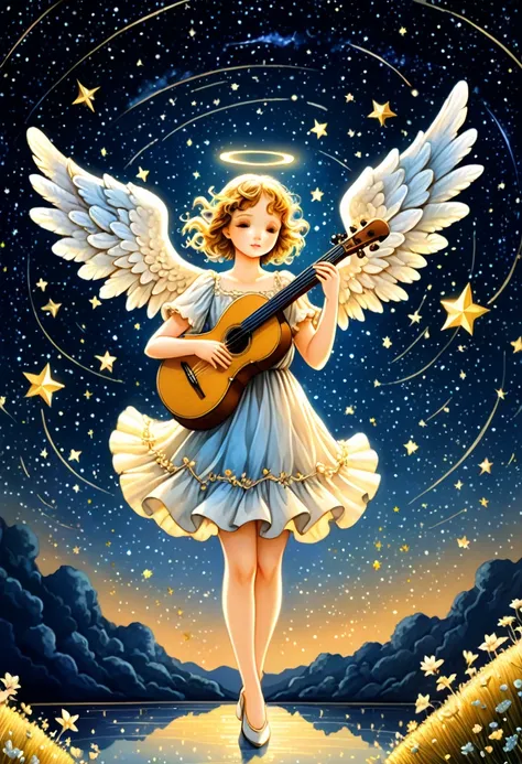 (close up of angel), Romantic style, an angel holding an instrument plays under the starry sky, the notes turn into shooting stars, and the melodious movements echo in the night sky, bringing warmth and hope to the  soul. The main subject of the picture is...